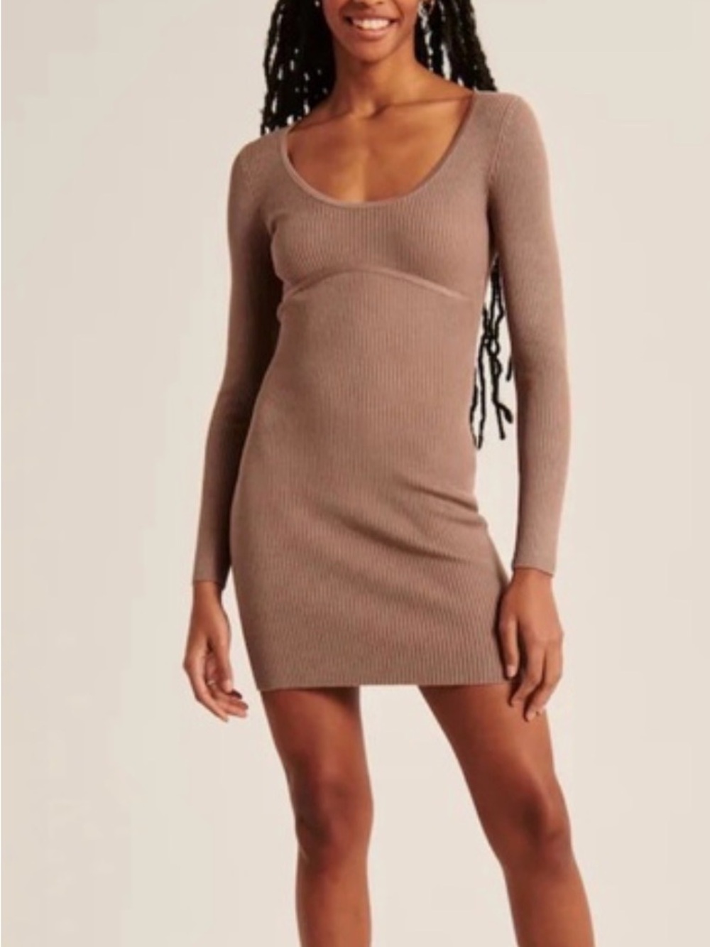 Abercrombie & Fitch Ribbed Scoop-Neck Mini Dress - Brown Taupe